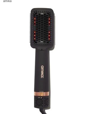 amika Heated Straightening Brush in Black with Rose Gold Trim and Red Indicators
